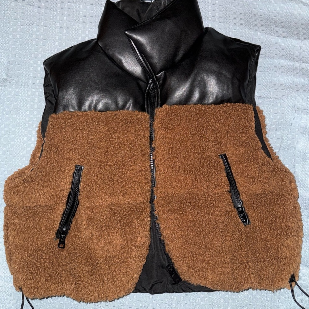 Women's Two-Tone Brown Sherpa & Black Faux Leather Puffer Vest